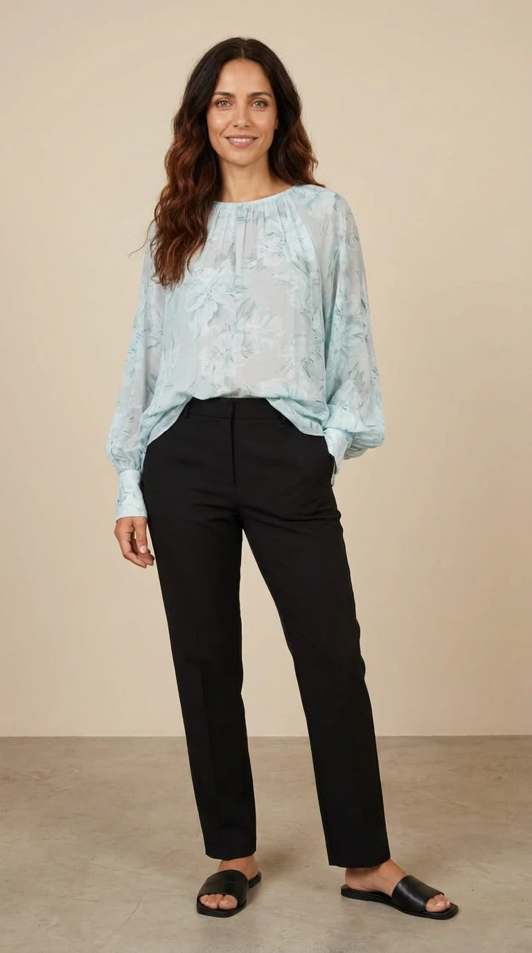 Camicia Trasparente con Motivo Floreale, Celeste
