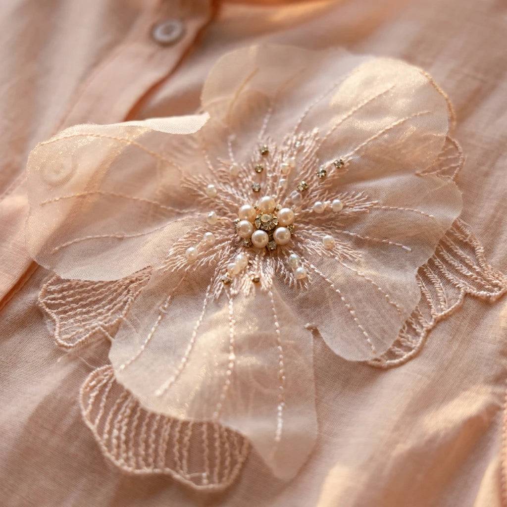 Camicia Manica Corta con Dettaglio Fione in Pizzo e Applicazione con Strass e Perline