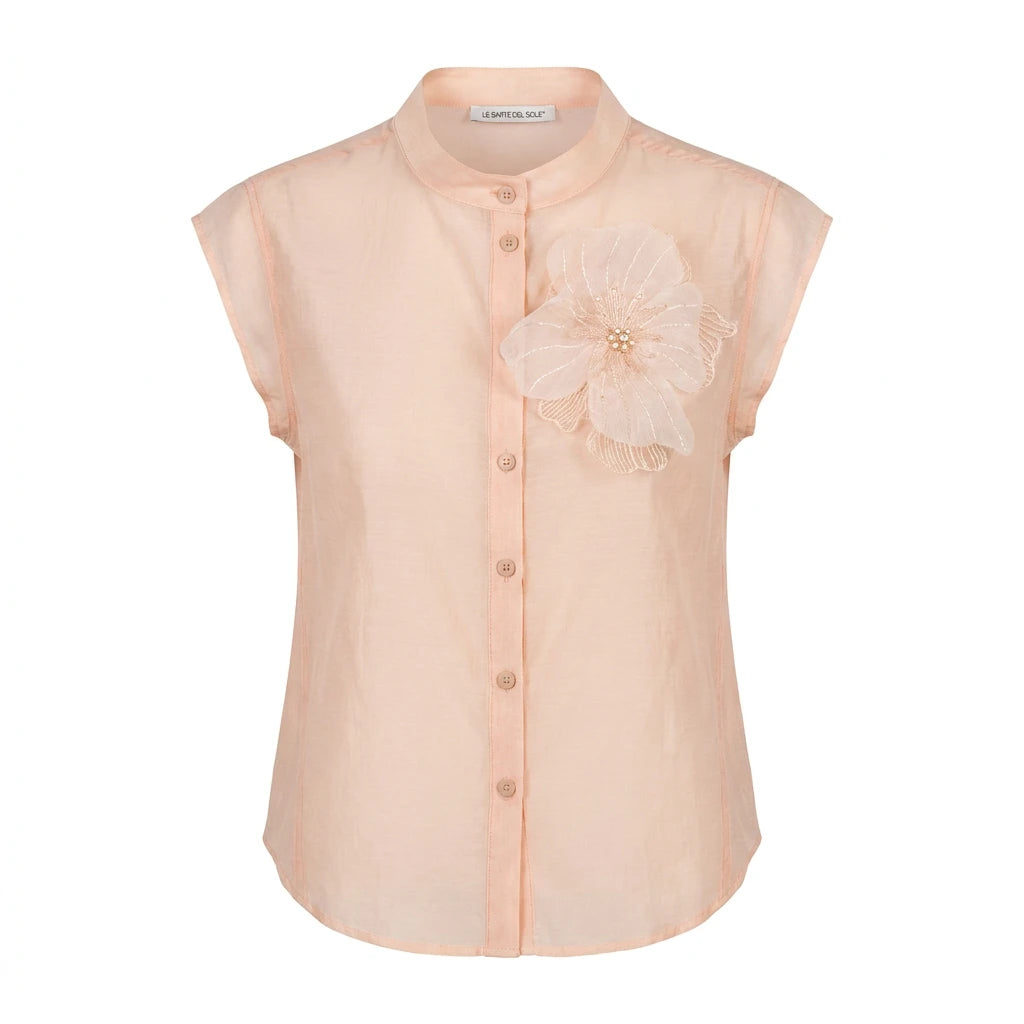 Camicia Manica Corta con Dettaglio Fione in Pizzo e Applicazione con Strass e Perline